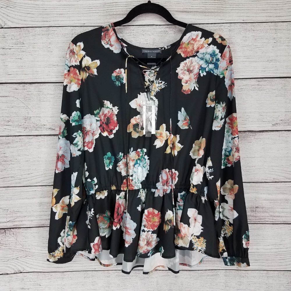 NEW Chelsea & Theodore M Lace up Front Floral Blouse Top Long sleeves $88